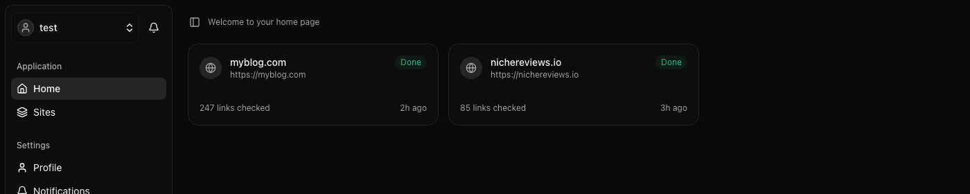 Brokenly sites overview showing myblog.com and nichereviews.io with crawl status